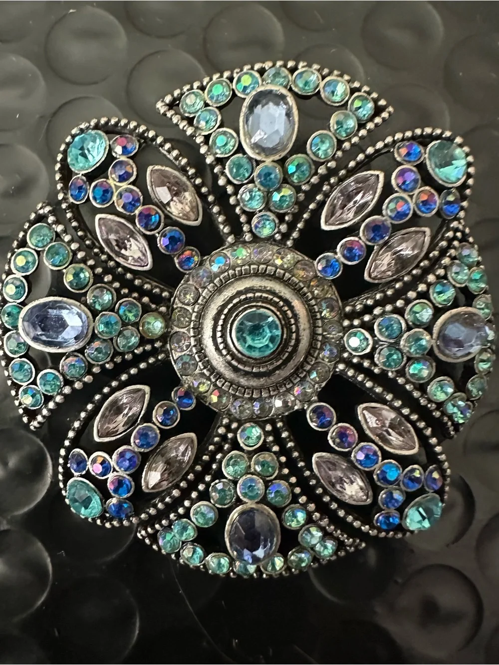 🌸 Blue Teal Rhinestone Floral Brooch Pin Antique Silver Tone Vintage Style